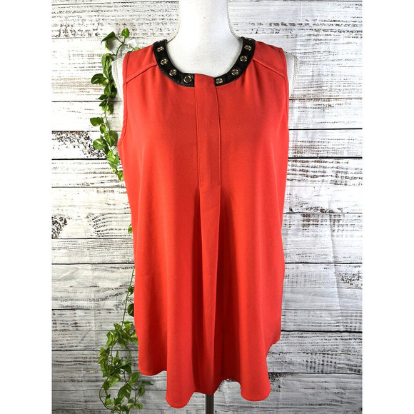 Alfani Sleeveless Blouse Tank size 6 Coral Crepe Faux Black Leather Gold Career - Picture 1 of 10